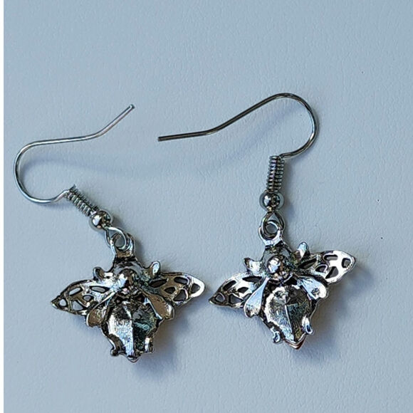 Dainty Bee Drop Earrings Amber Color Faux Jewel on Silver Tone Metal - Picture 3 of 3